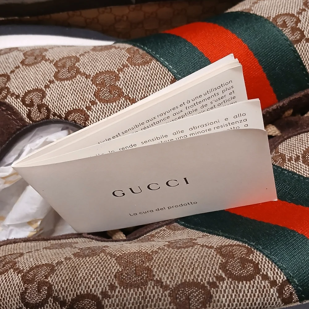 Gucci Web Detail Trainers Men 9.5 GG Canvas Suede Brown Tan Logo w‎ BOX AND Card